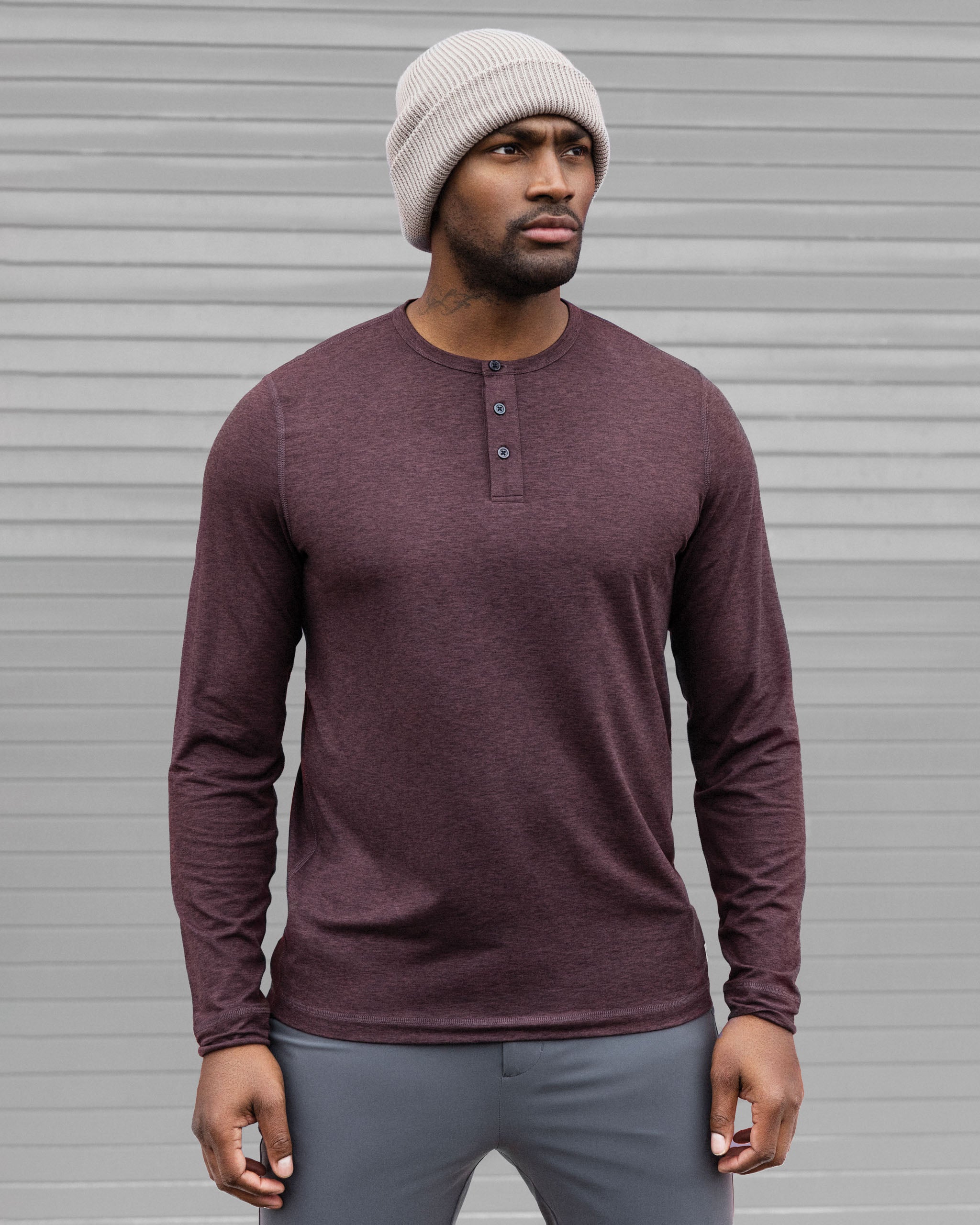 Long-Sleeve Ease Performance Henley | Mahogany Heather