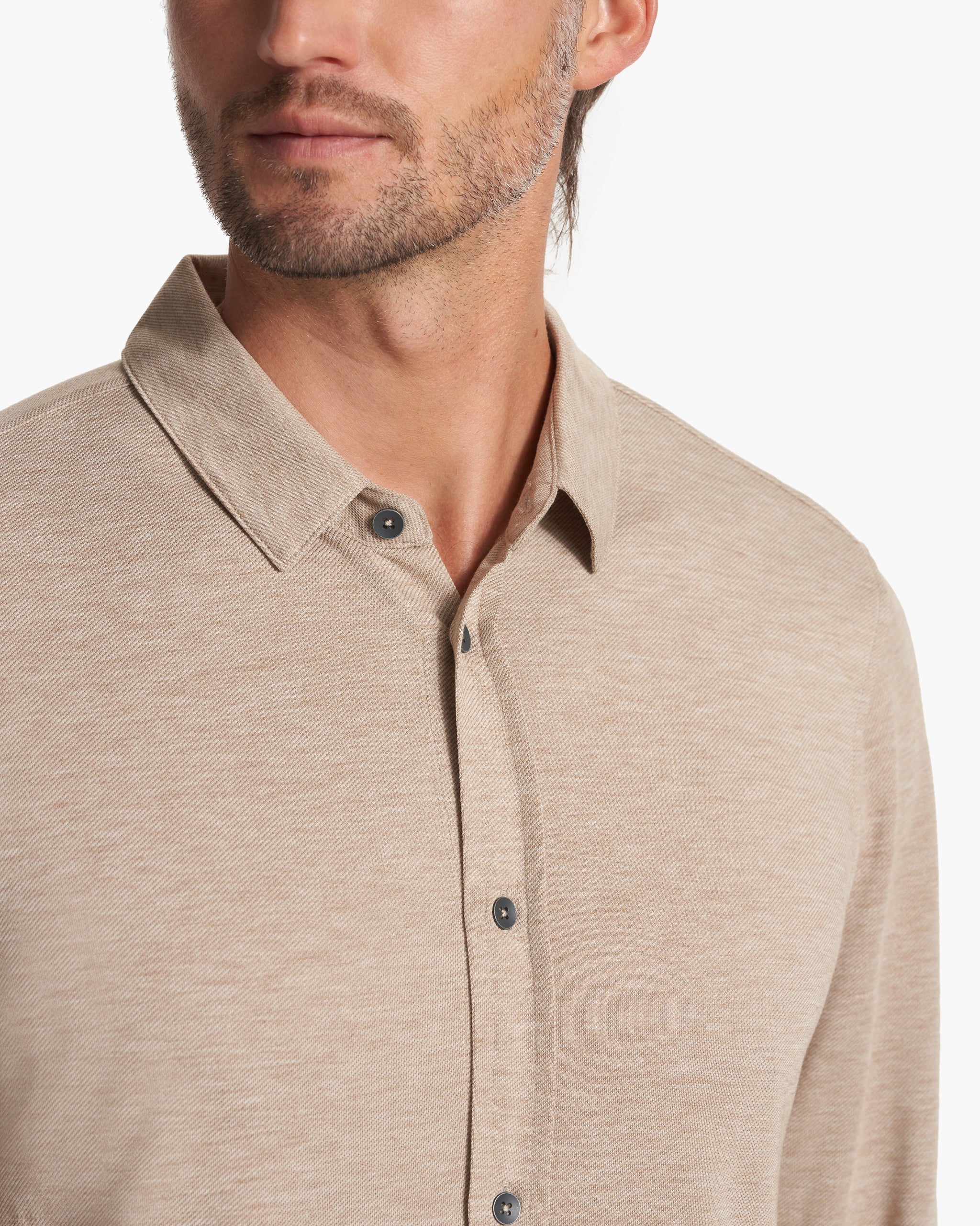 Long Sleeve Knit Twill Button Down | Camel Heather