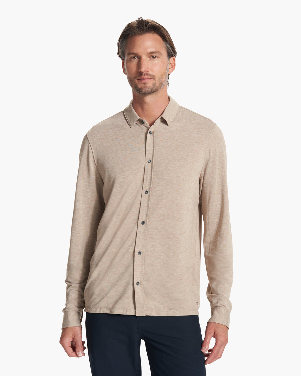 Long Sleeve Knit Twill Button Down | Camel Heather