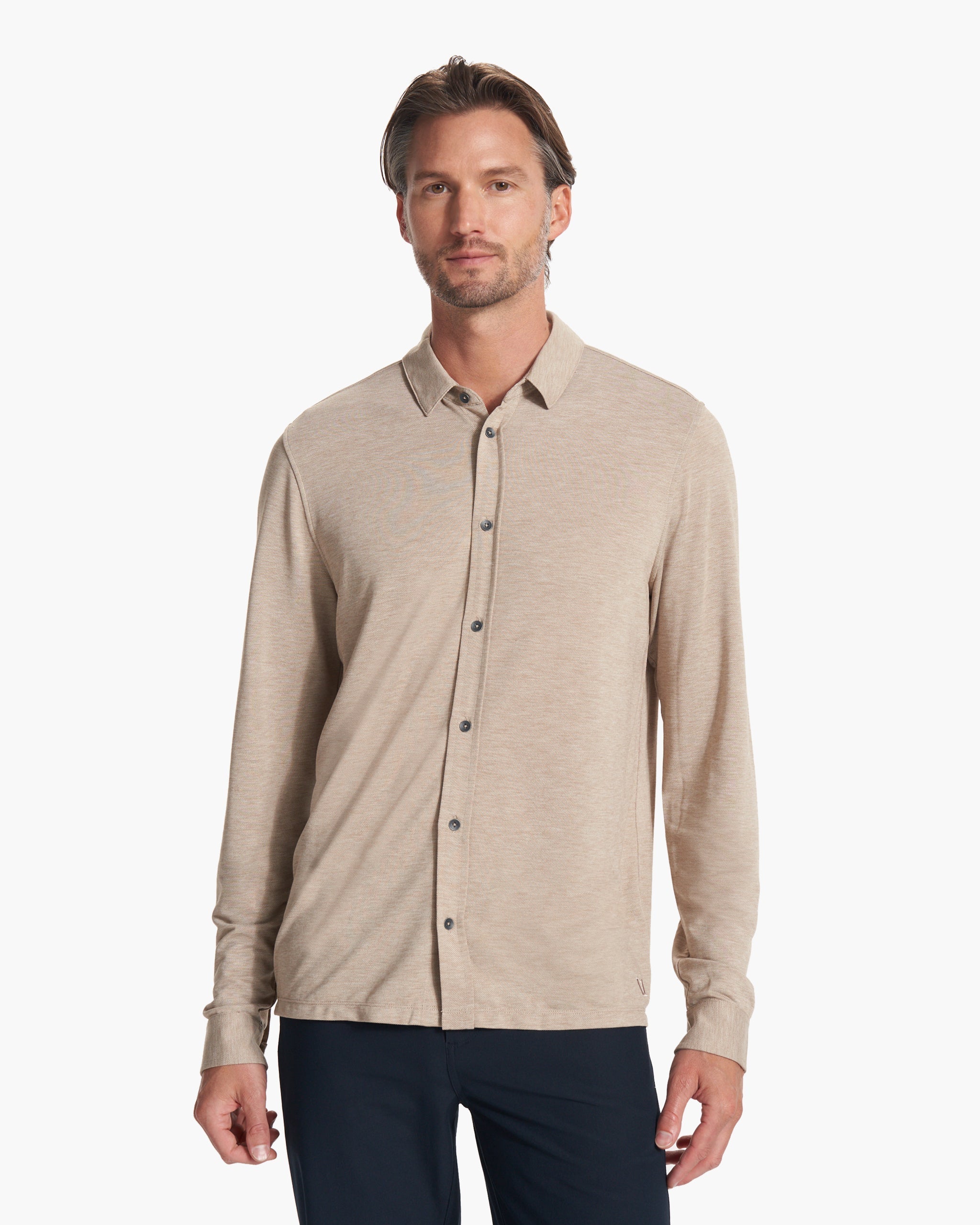 Long Sleeve Knit Twill Button Down | Camel Heather