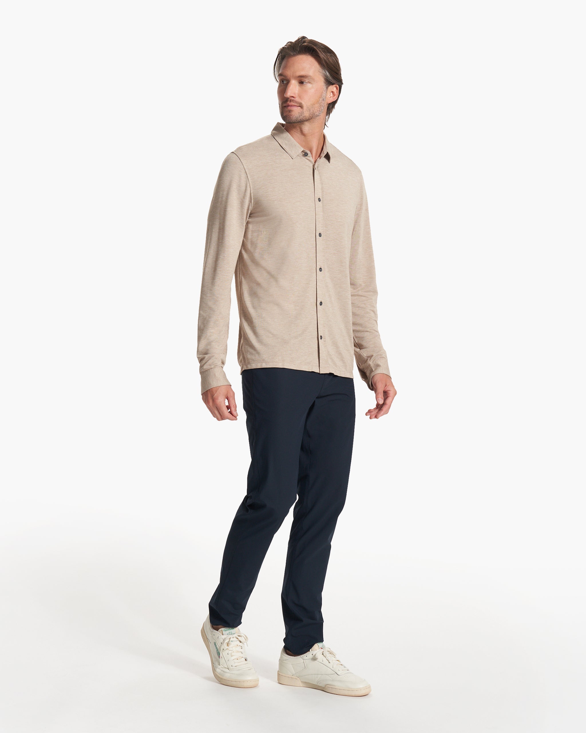 Long Sleeve Knit Twill Button Down | Camel Heather