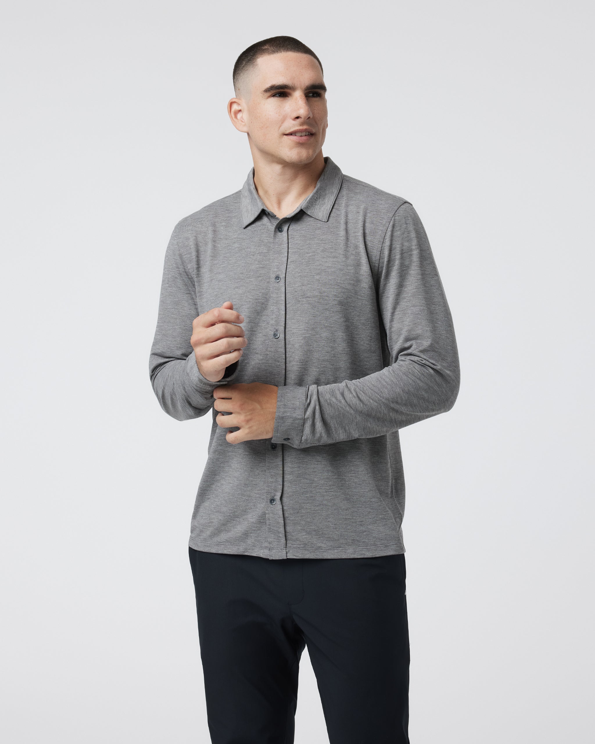 Long Sleeve Knit Twill Button Down | Heather Grey