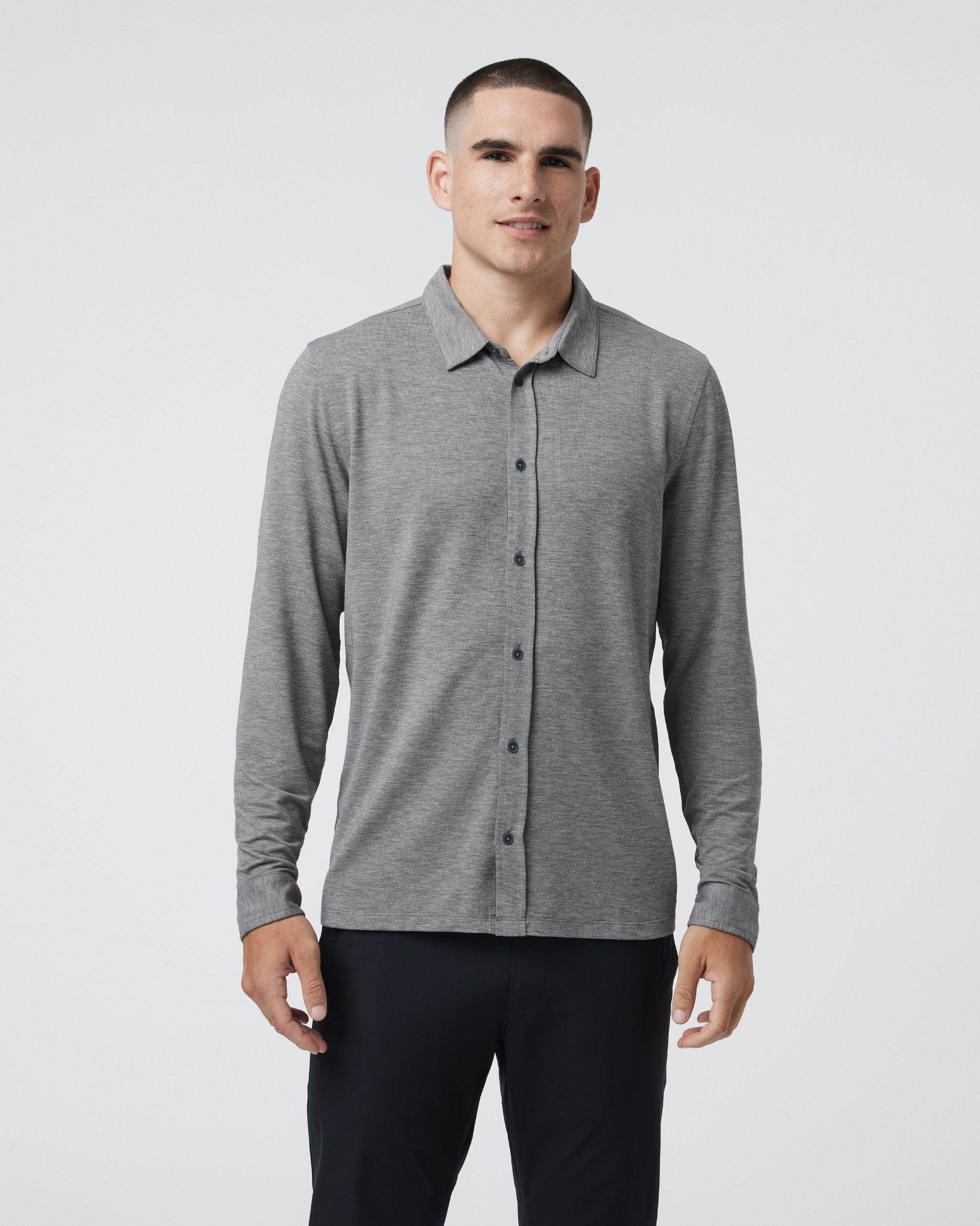 Long Sleeve Knit Twill Button Down | Heather Grey