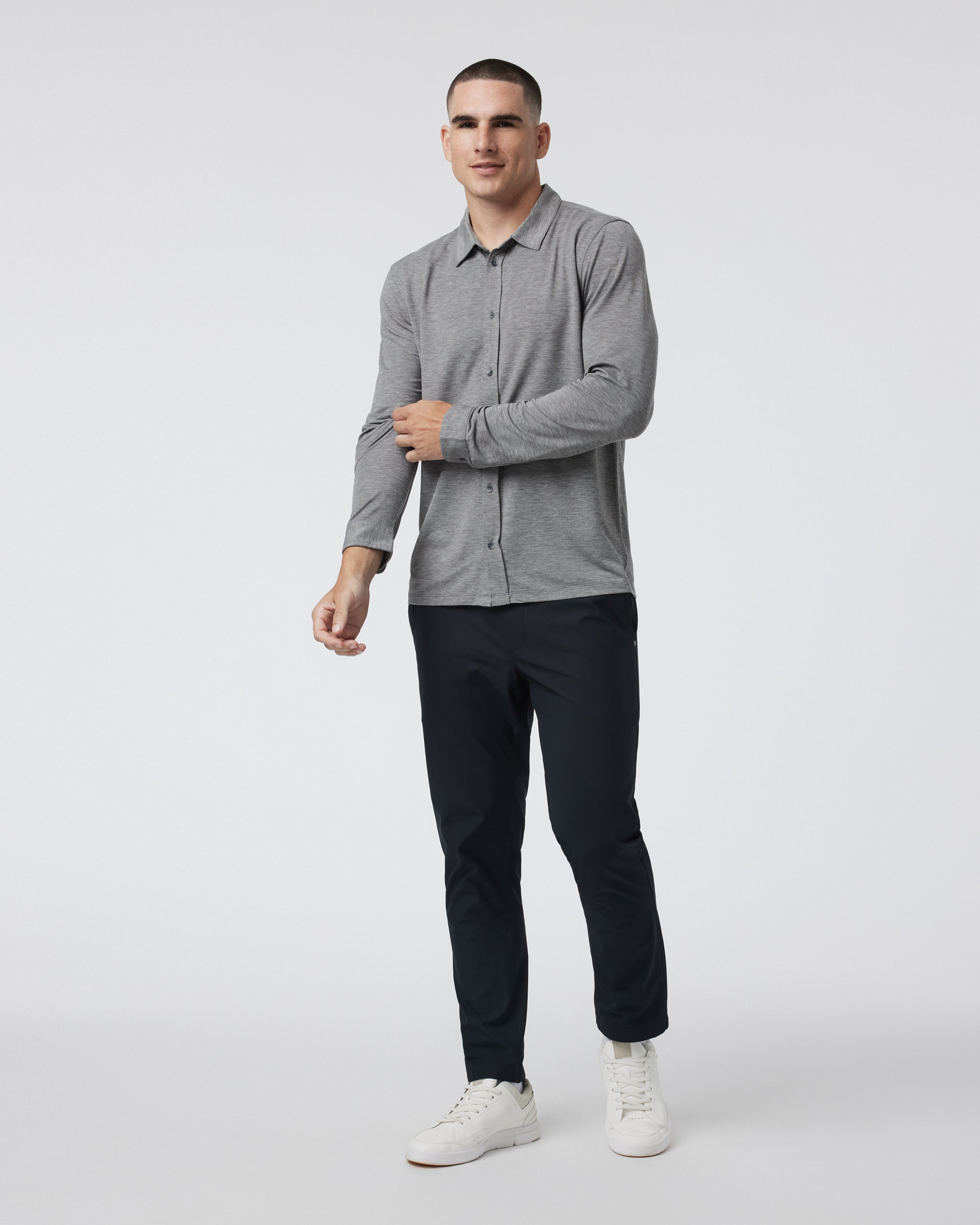 Long Sleeve Knit Twill Button Down | Heather Grey