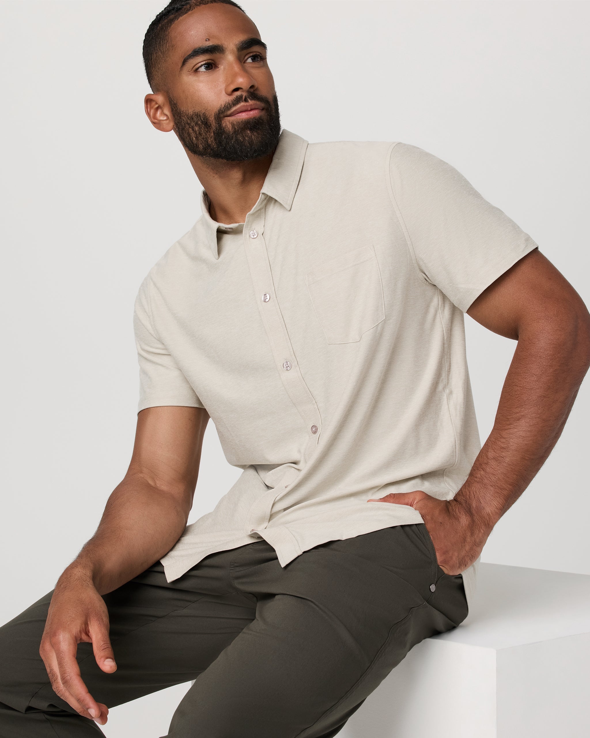 Short Sleeve Strato Button Down | Mushroom Heather