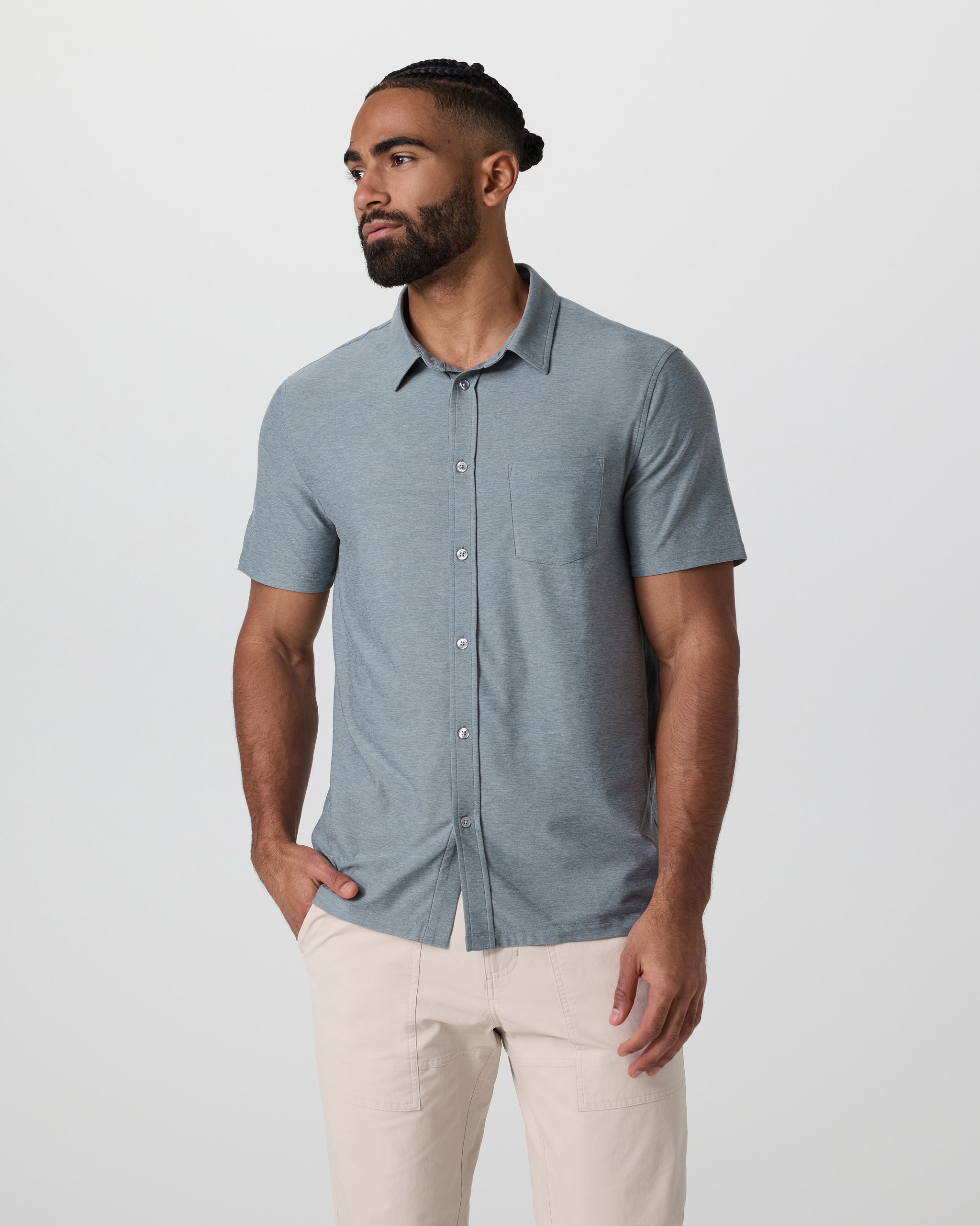 Short Sleeve Strato Button Down | Dusty Blue Heather