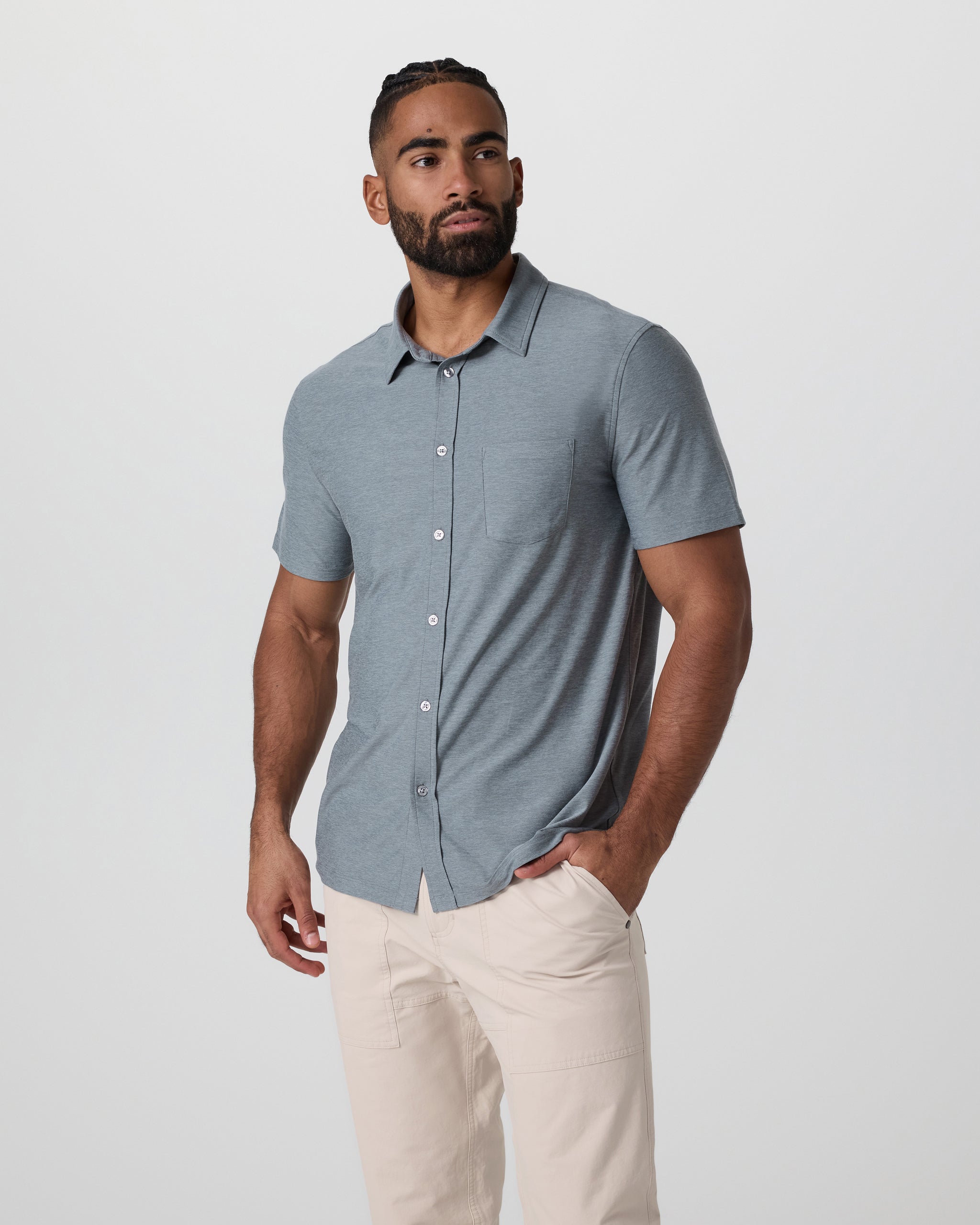 Short Sleeve Strato Button Down | Dusty Blue Heather