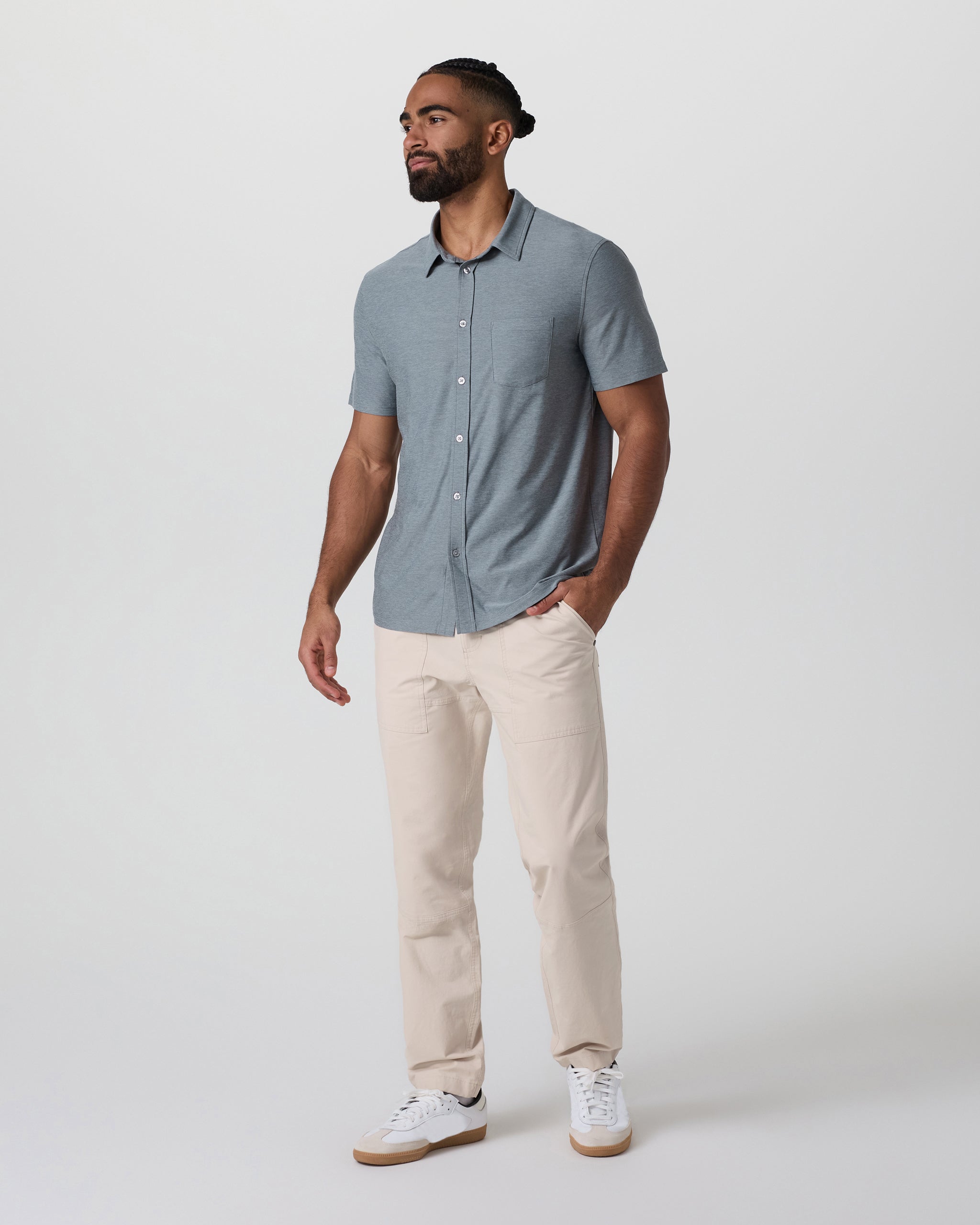 Short Sleeve Strato Button Down | Dusty Blue Heather