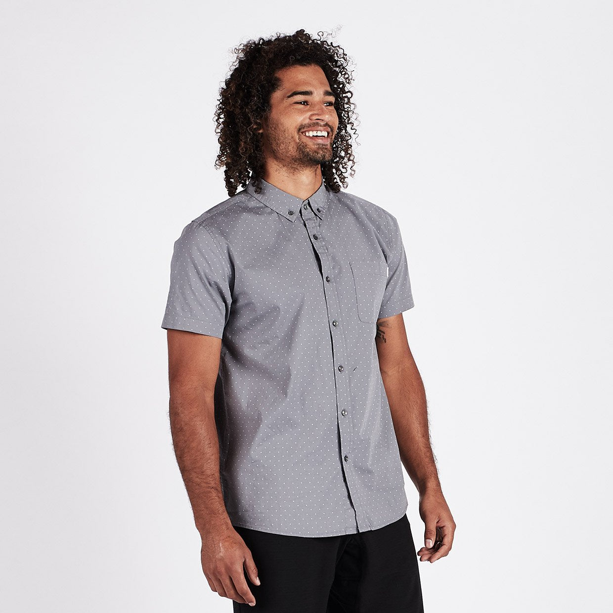 Crest Short Sleeve Button-Down | Grey Micro Dot