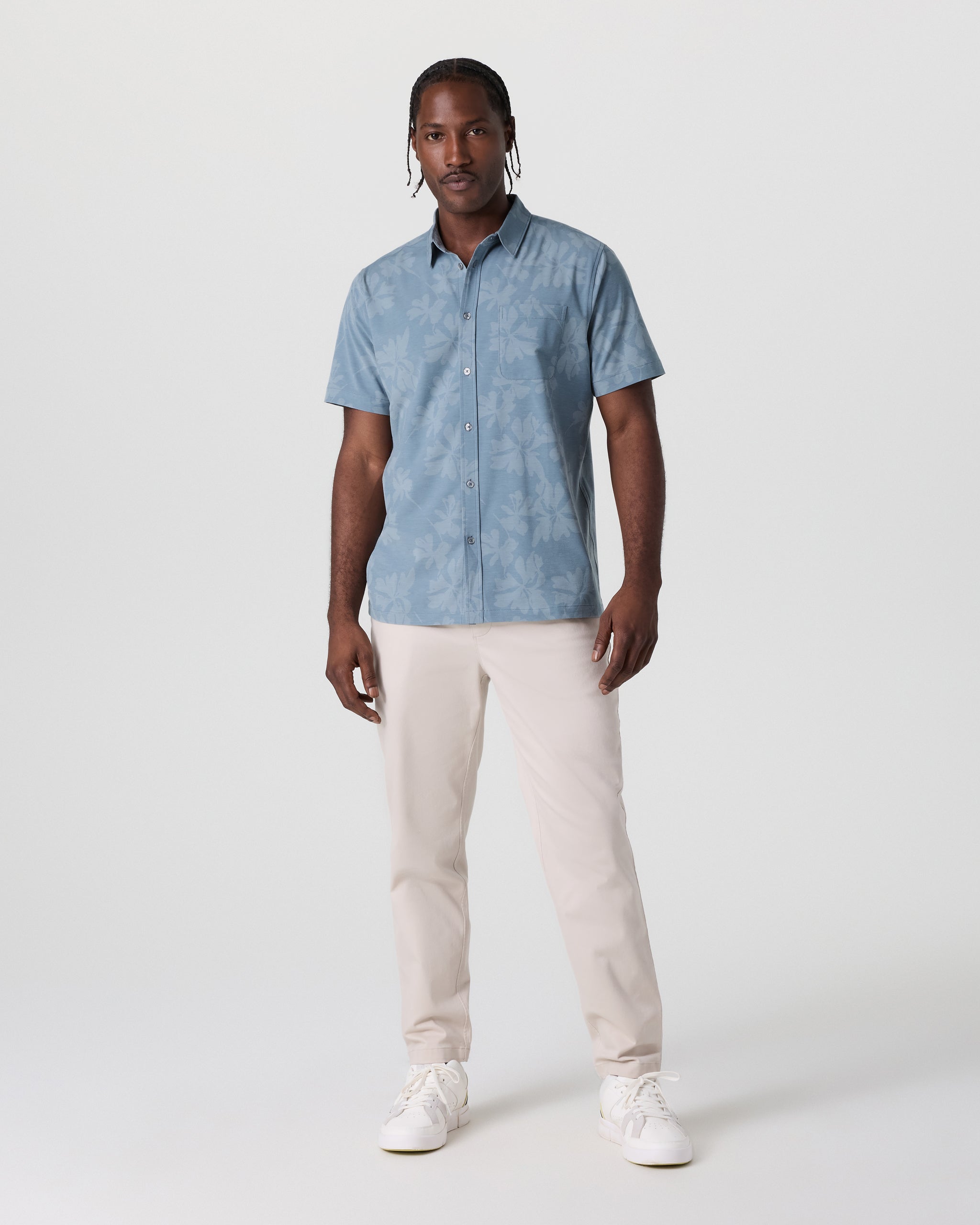 Short Sleeve Bridge Button Down | Dusty Blue Plumeria