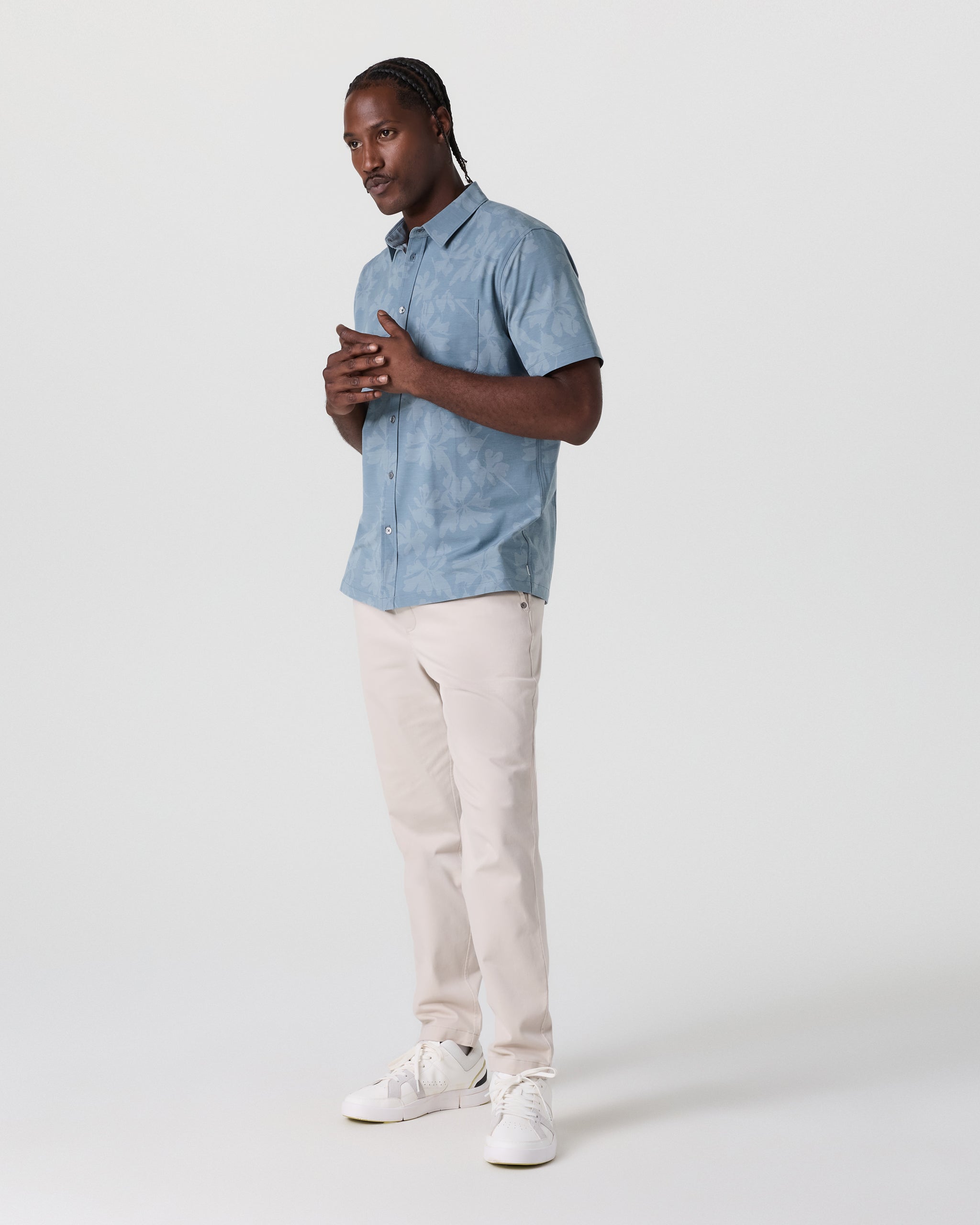 Short Sleeve Bridge Button Down | Dusty Blue Plumeria