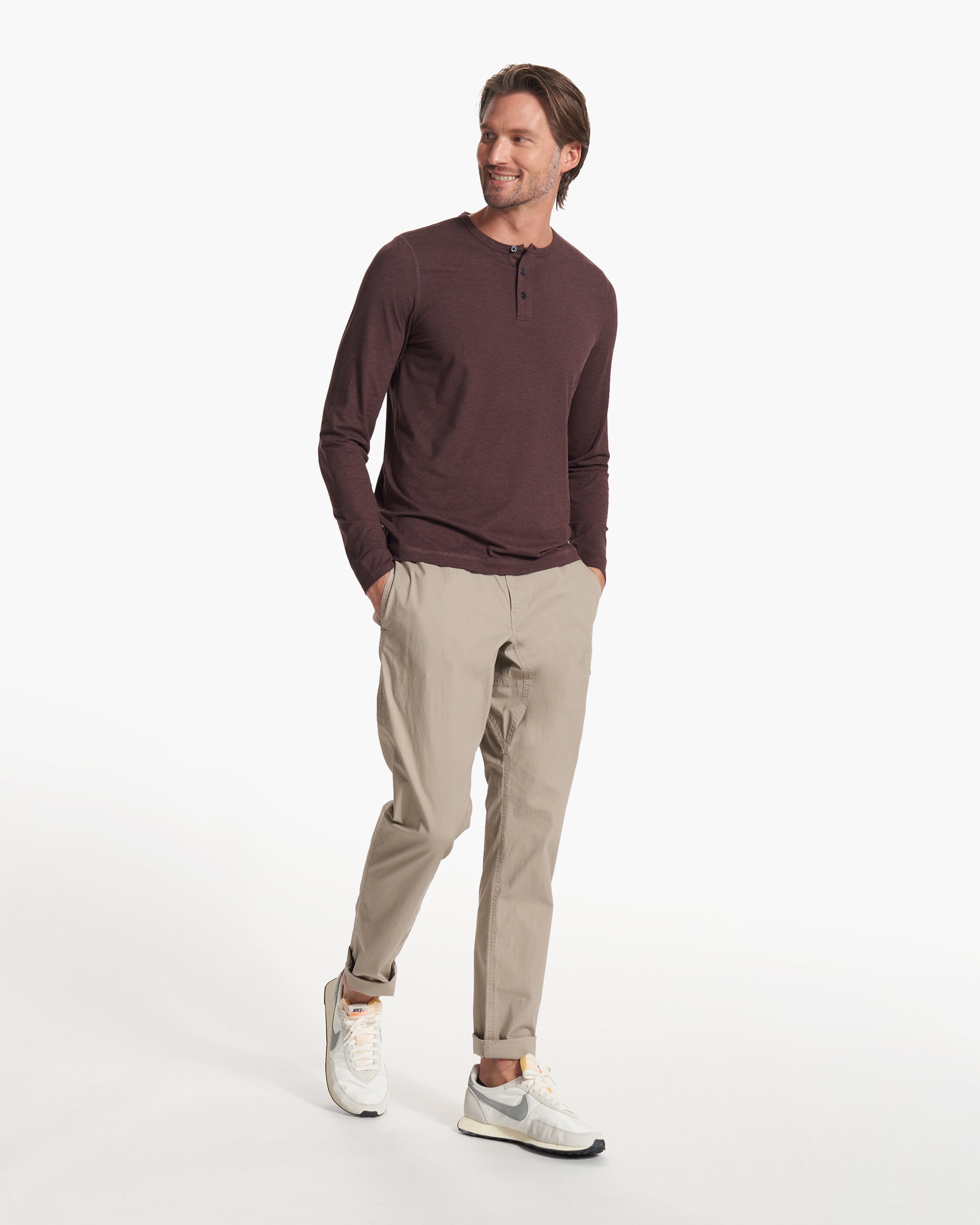 Long-Sleeve Ease Performance Henley | Mahogany Heather