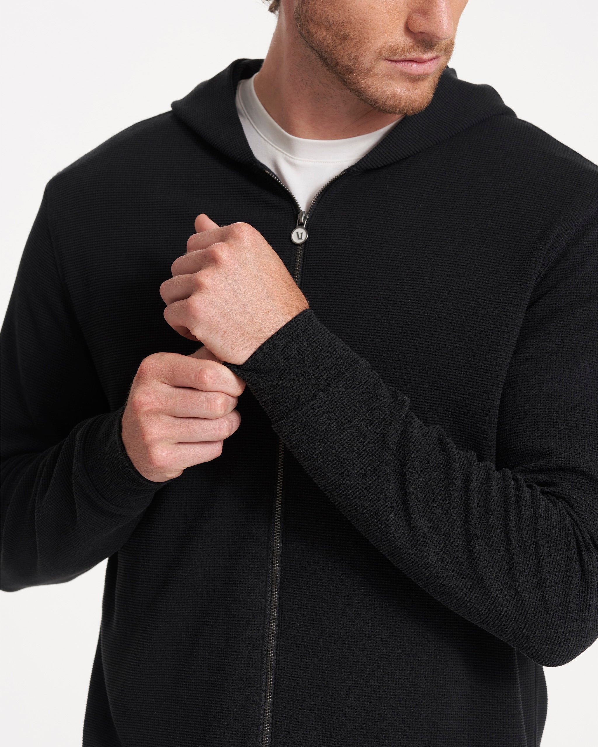 Performance Waffle Zip Hoodie | Washed Black
