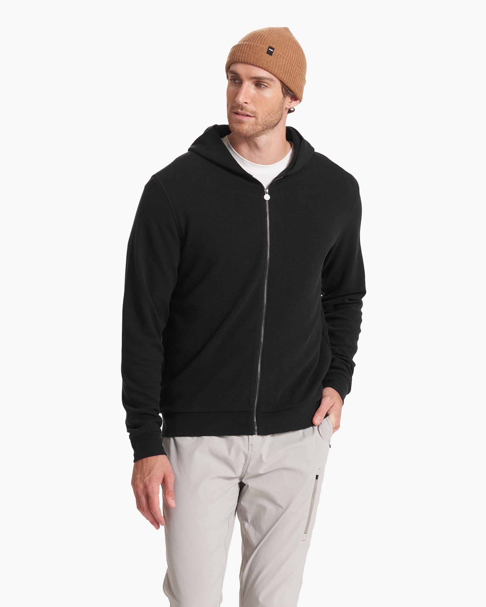 Performance Waffle Zip Hoodie | Washed Black
