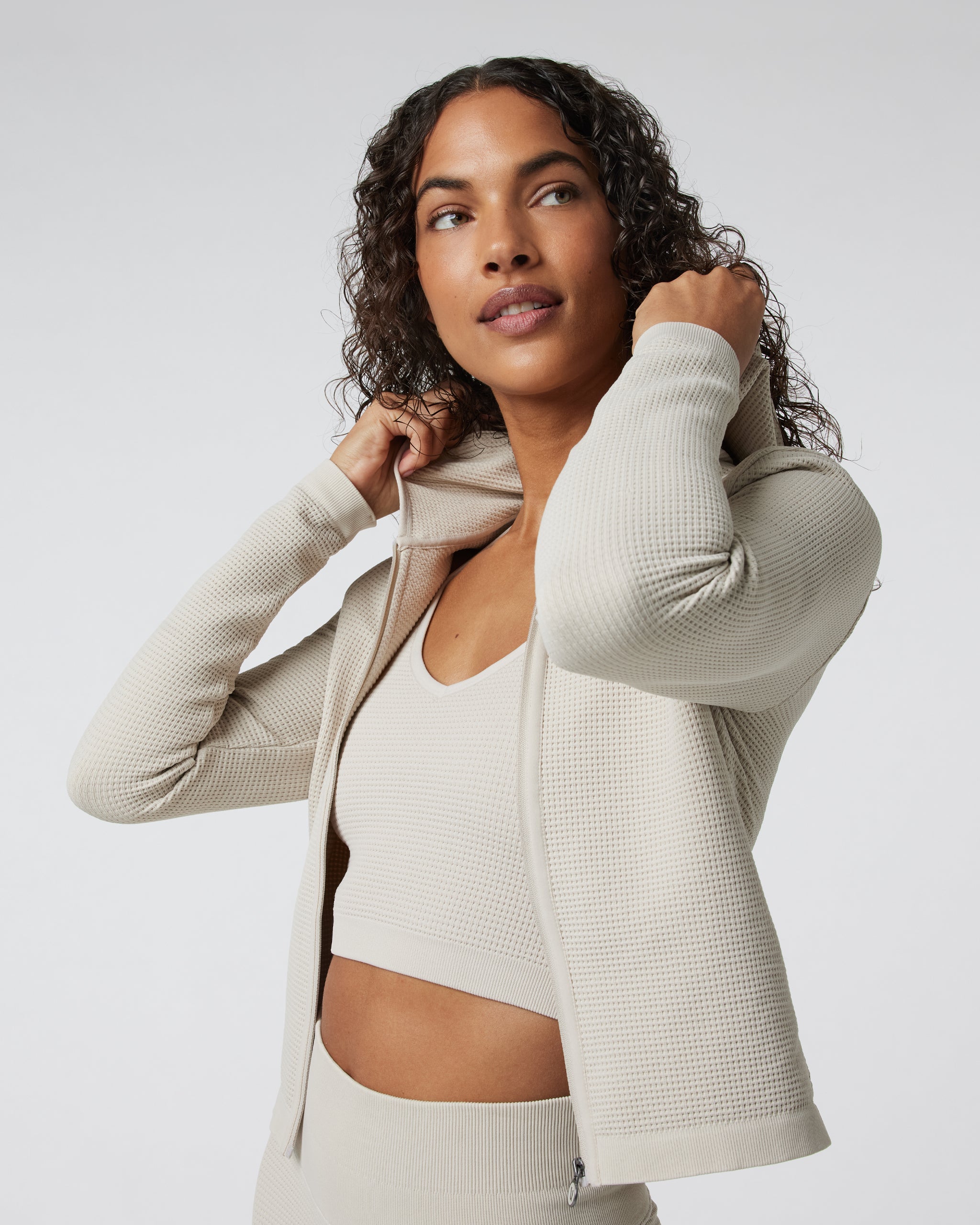 Waffle Seamless Zip Hoodie | Ecru
